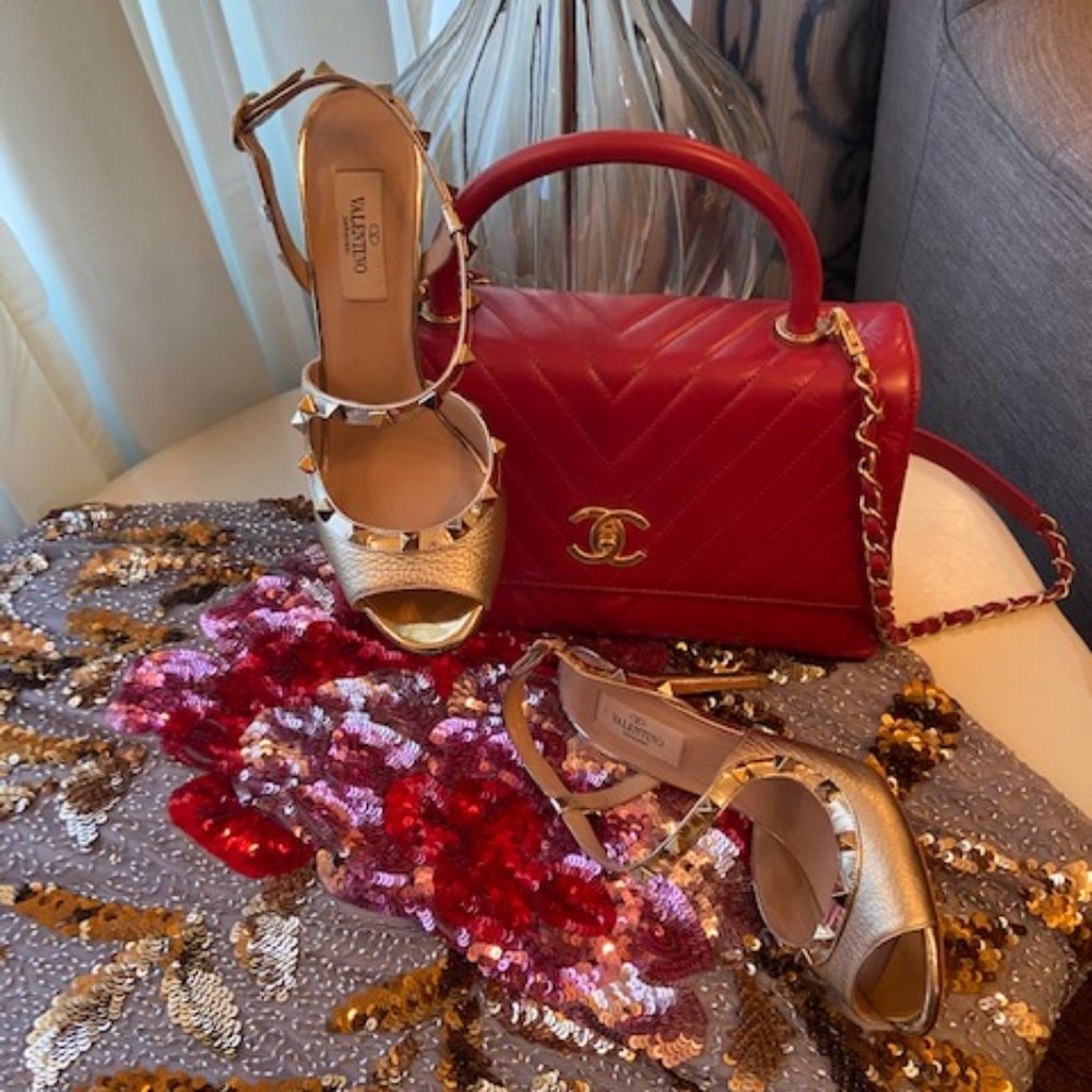 Valentino Gold Rockstud Asymmetric Sandal Heels